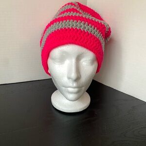 Handmade Hot Pink & Gray Striped Crochet Slouchy Beanie - Women